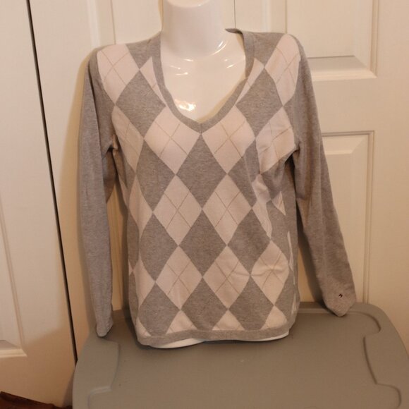 Tommy Hilfiger Womens V-Neck Argyle Sweater Sparkle Preppy Size Medium - Picture 1 of 15